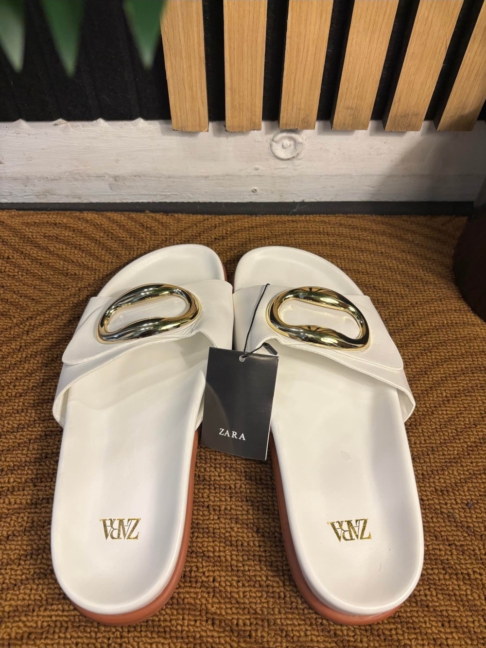 Zara White Slide Sandals with Gold Oval Hardware